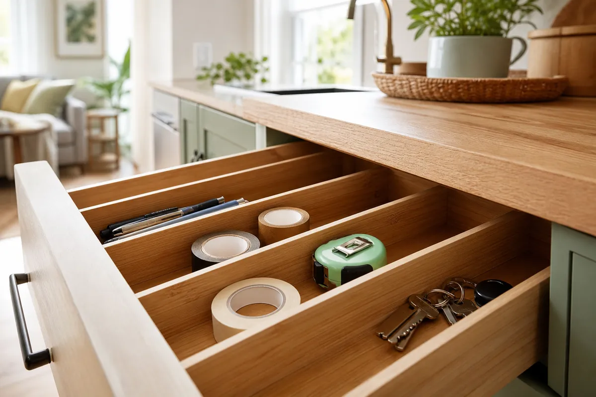 Bamboo drawer dividers creating full-depth lanes in a junk drawer, stopping items sliding to the back every time the drawer opens