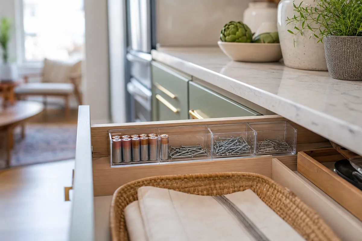 Clear compartment organizer holding batteries and small hardware inside a junk drawer, keeping tiny items findable instead of loose