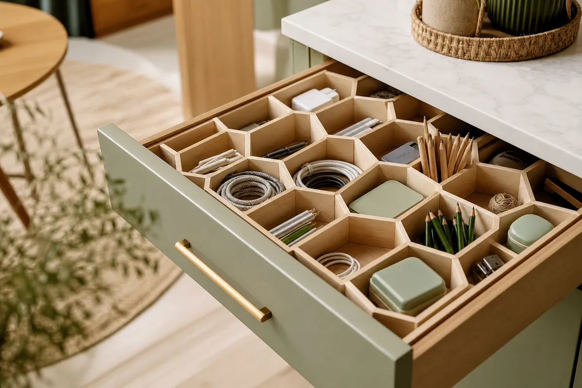 Adjustable honeycomb drawer divider filling an awkwardly sized junk drawer with configurable cells, leaving no wasted gaps