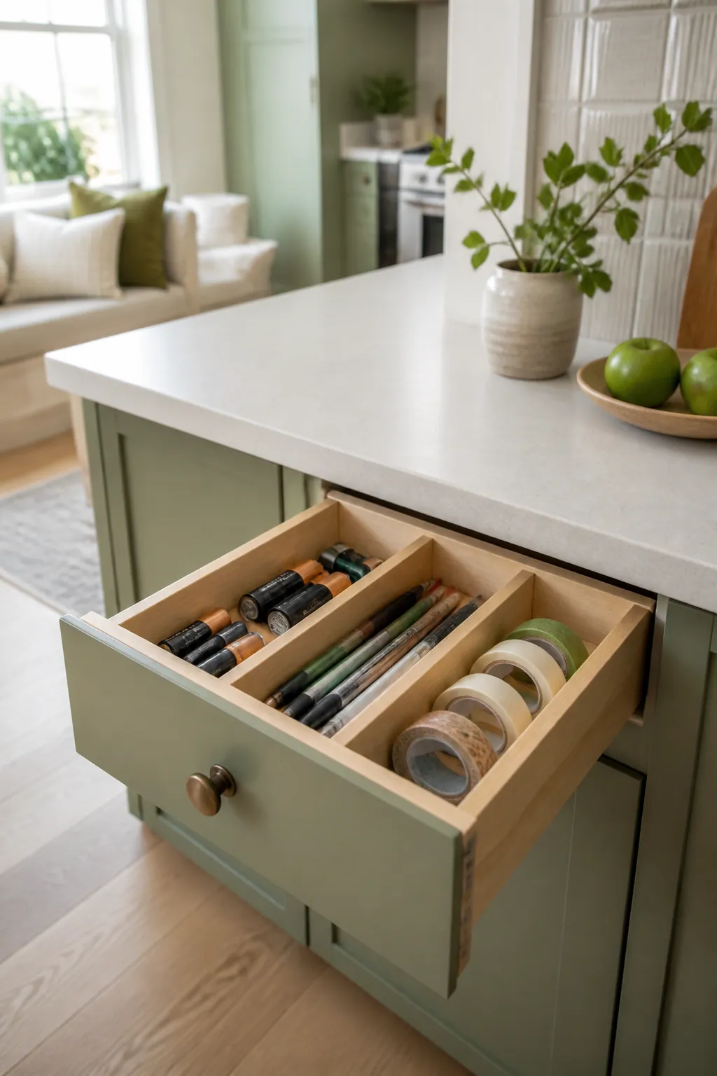 A divided junk drawer with each narrow lane holding only batteries, pens or rolls of tape