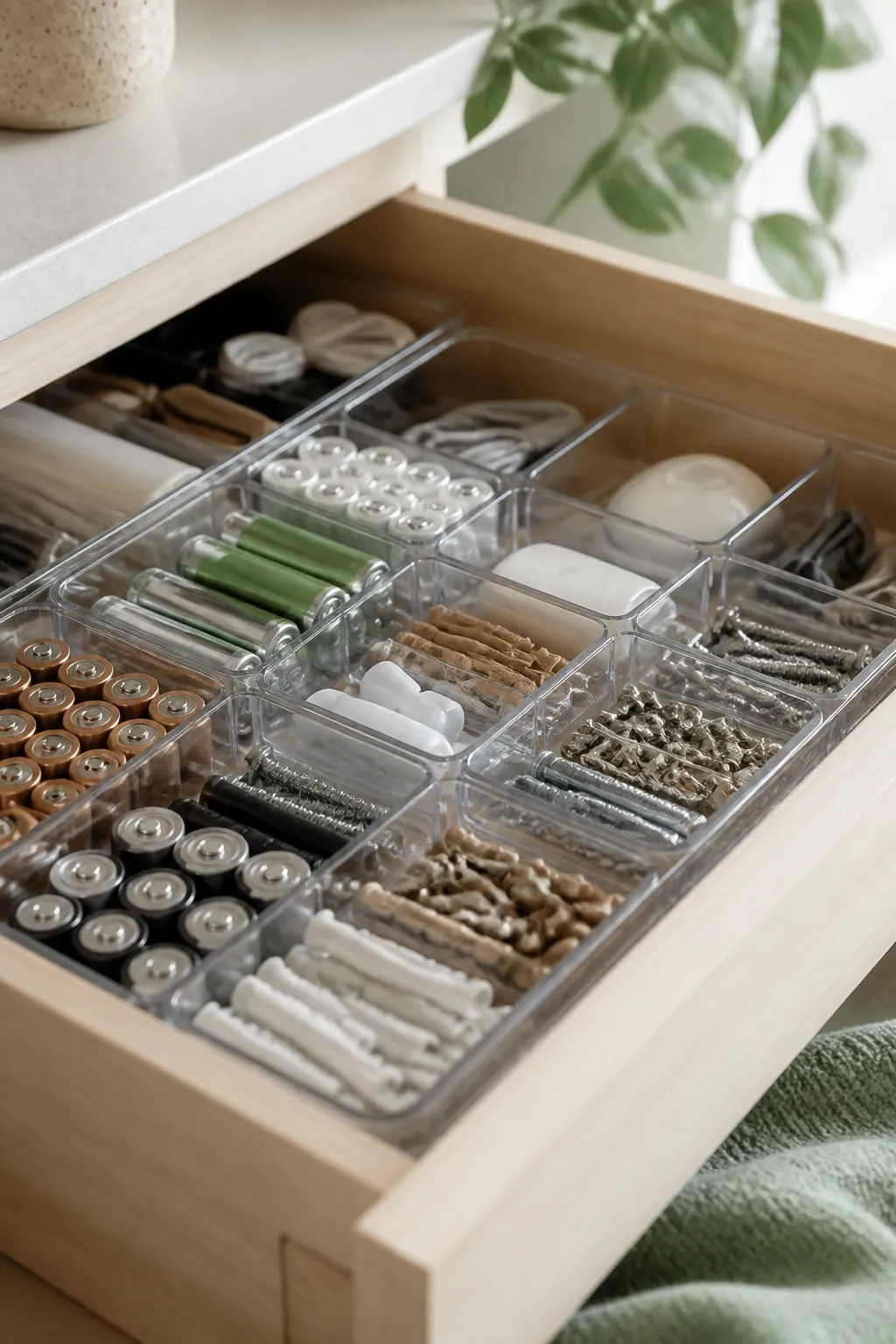 A clear compartment organizer inside a junk drawer holding batteries and small hardware