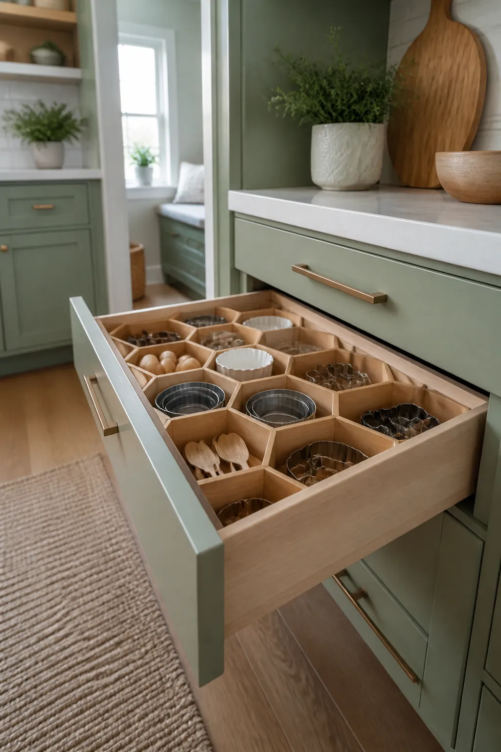 Adjustable honeycomb dividers filling an awkward drawer with cells and no wasted gaps