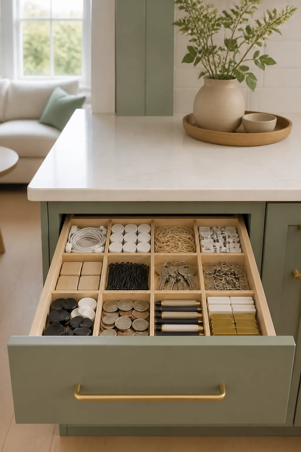 A junk drawer with every compartment filled level to its rim and nothing loose on top