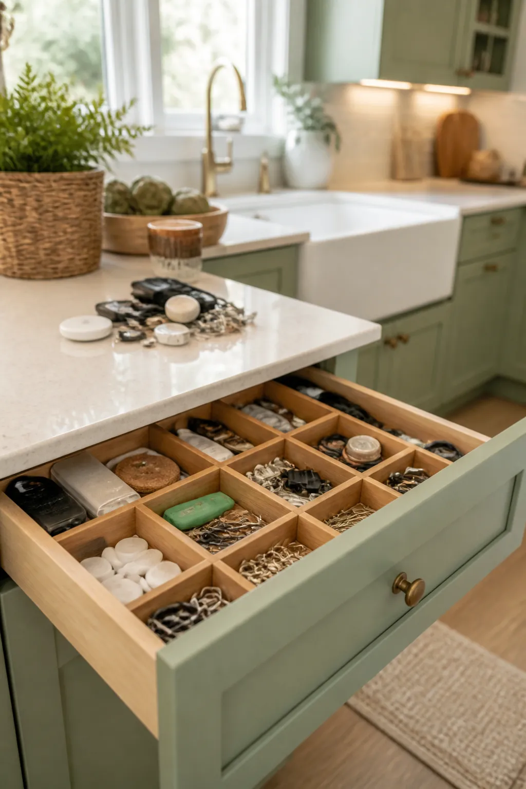A tidy divided junk drawer open with a small pile of removed items on the counter above