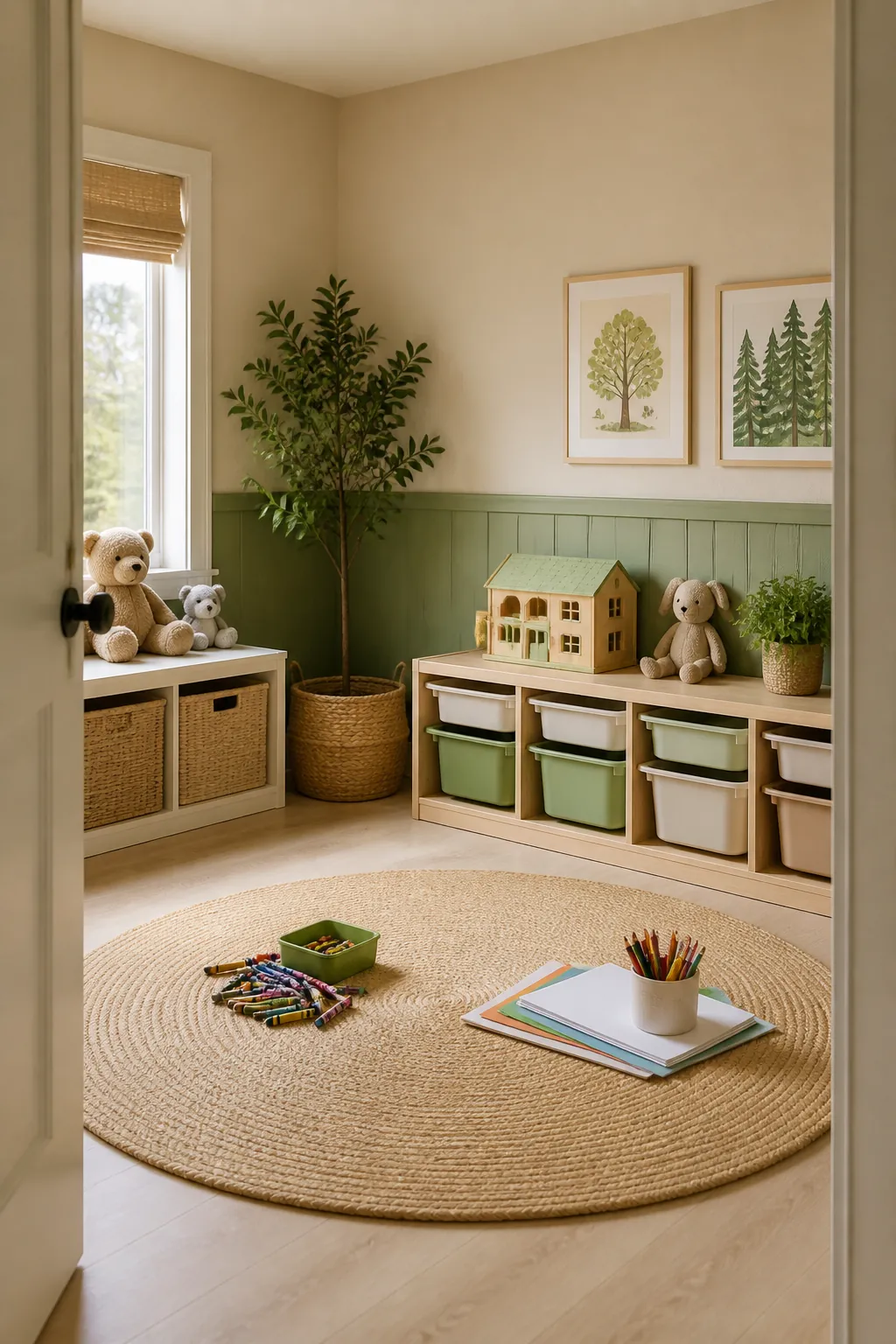 Art supplies sorted into two piles on a playroom floor, everyday items separated from occasional