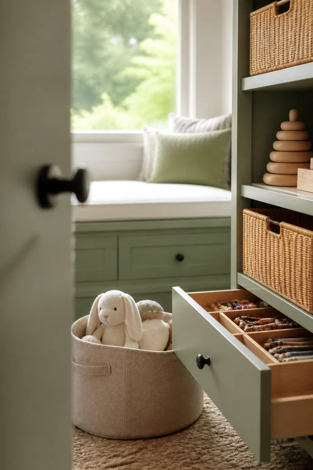 A donation box next to a playroom shelf, part-filled with worn-out art supplies