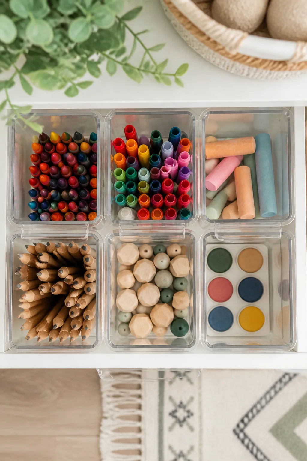 Clear stackable storage bins on a shelf, each holding a single sorted type of art supply, crayons in one, markers in another