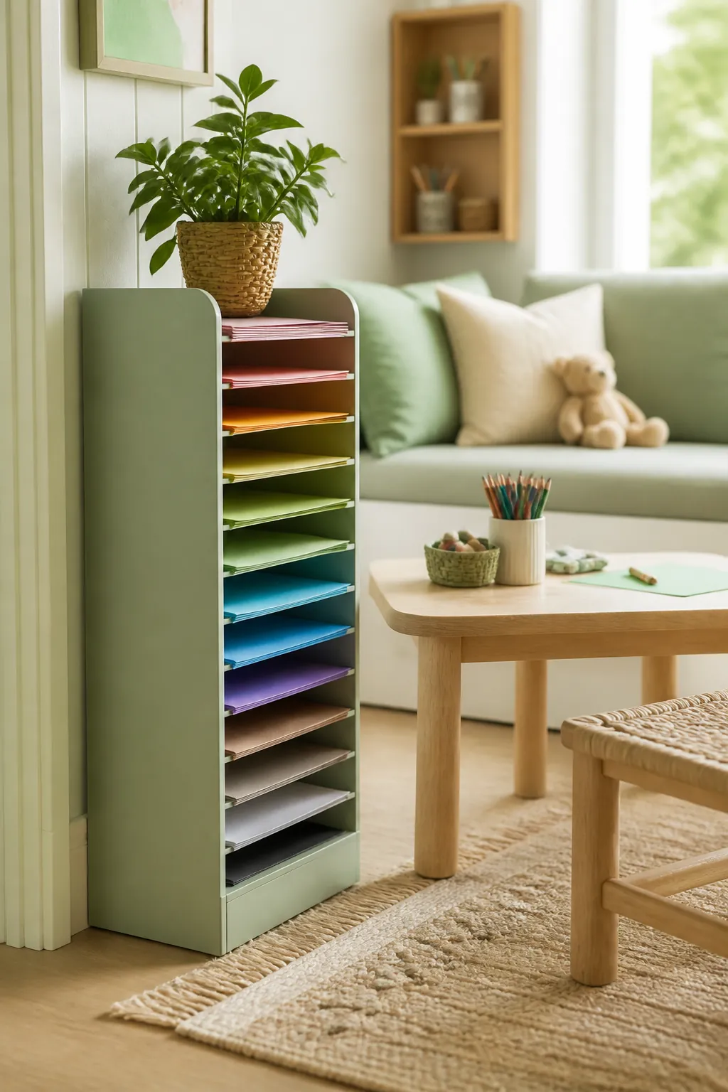 A vertical paper sorter holding construction paper upright next to a child's craft table
