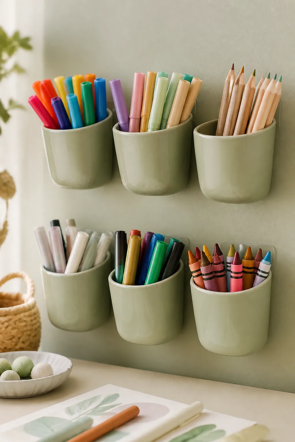 A cluster of small adhesive wall storage cups mounted above a kids art table, each holding a different type of marker or pencil