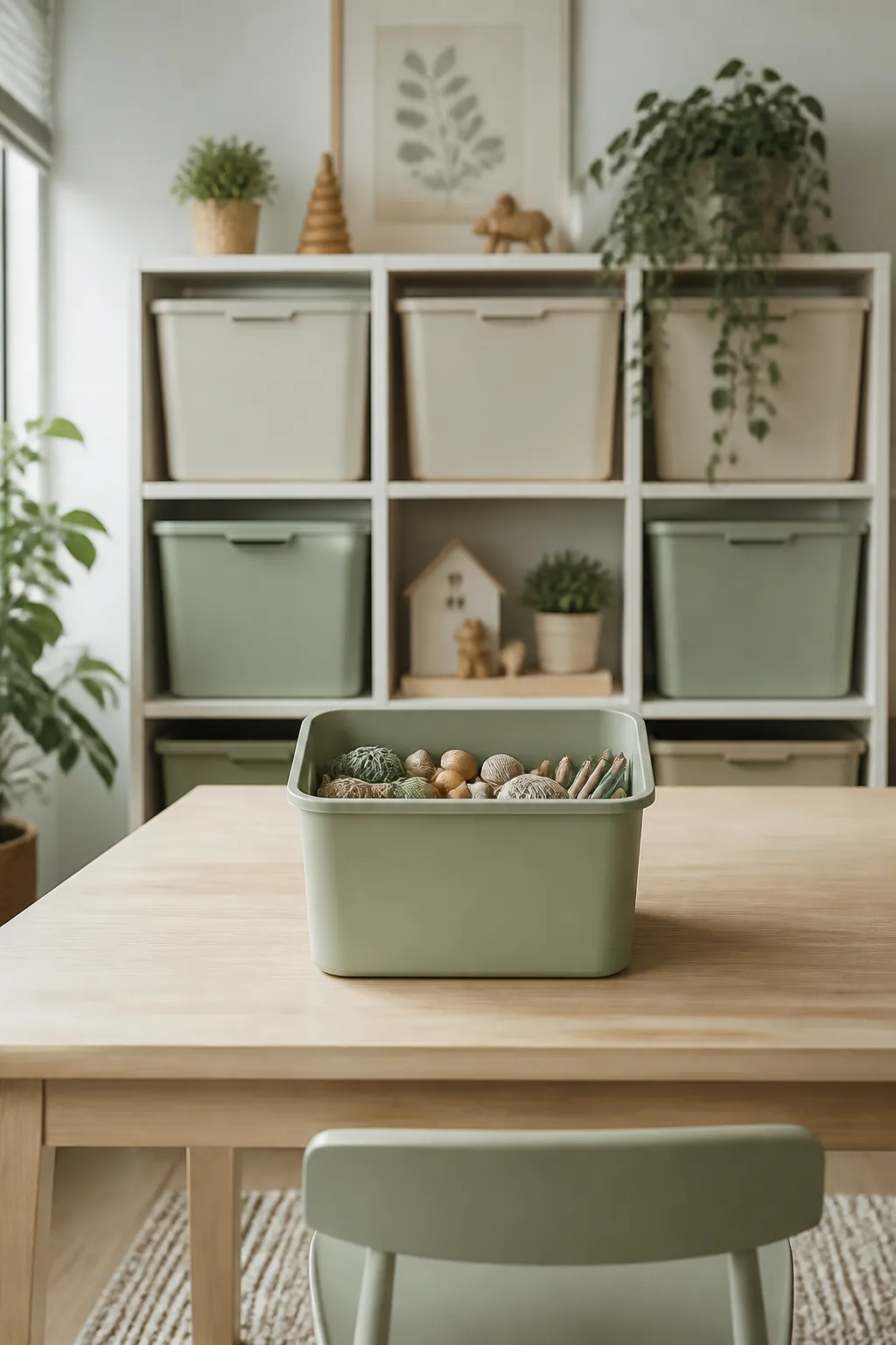 One open supply bin on an otherwise clear craft table, remaining bins closed on shelves