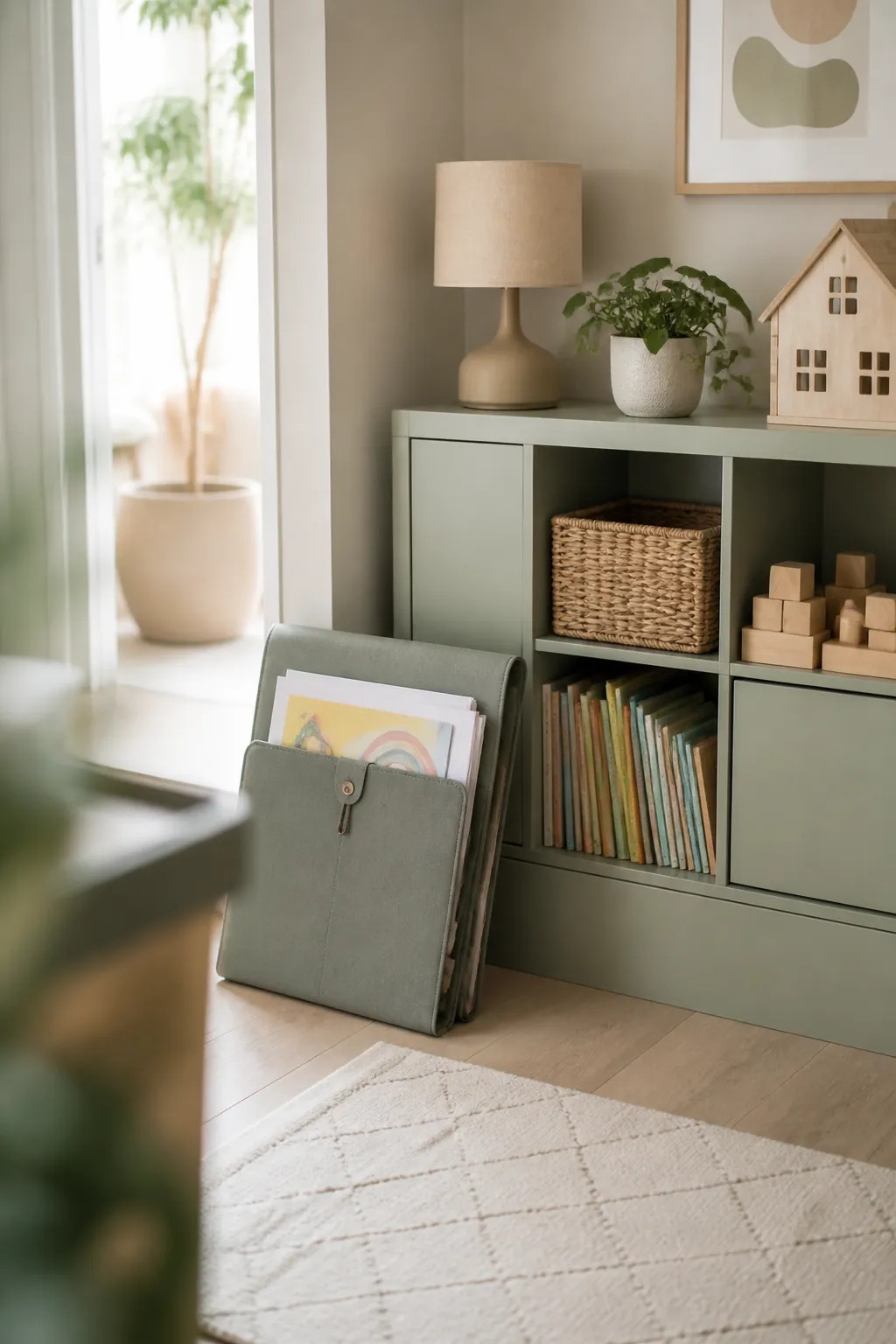 A flat portfolio folder holding finished children's drawings, standing beside a low playroom shelf