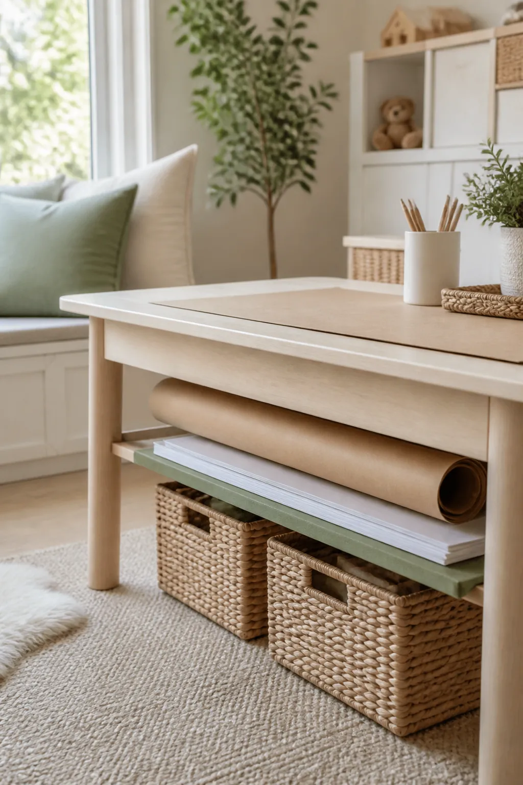 A roll of butcher paper and poster board stored flat under a child's craft table