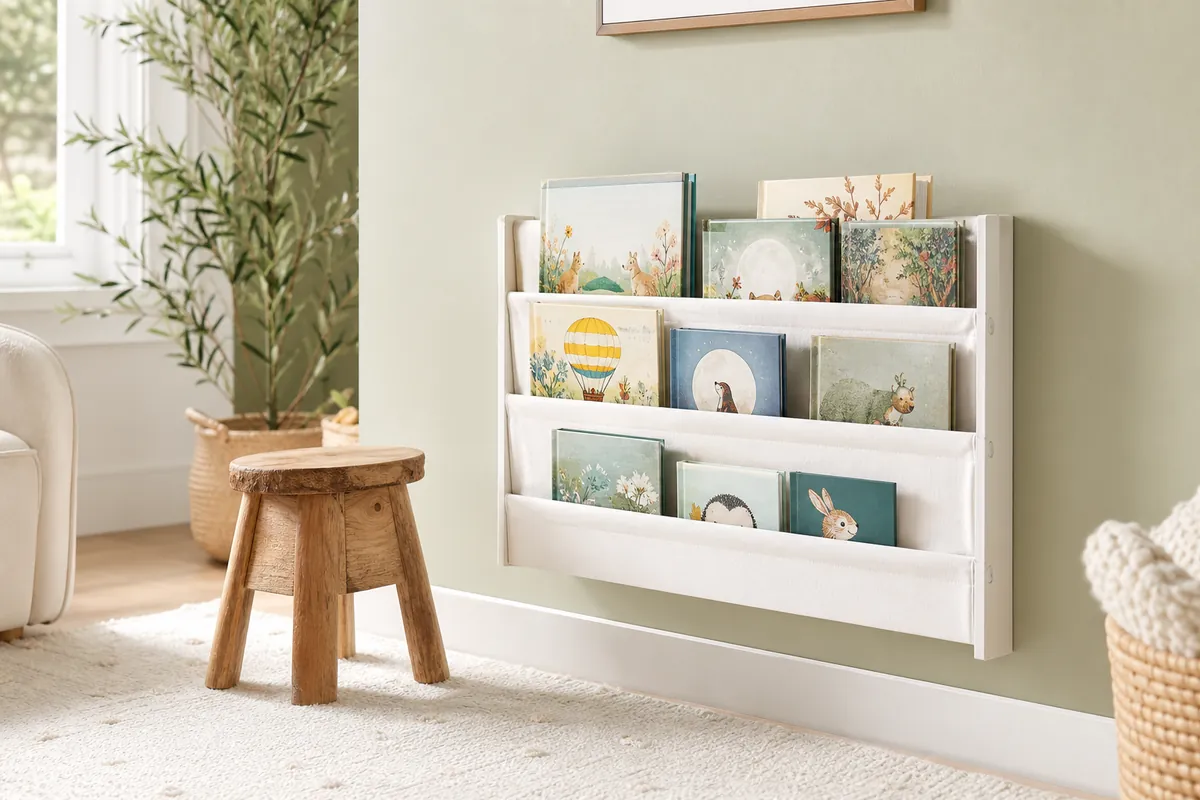 Front-facing sling bookshelf mounted low on a sage wall with picture books cover out, a compact kids book storage idea for a small room