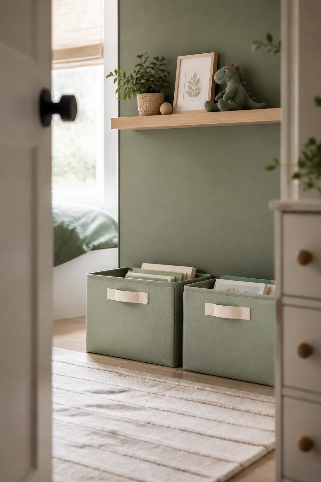 Two small labeled fabric bins side by side in a shared bedroom, each holding a few books