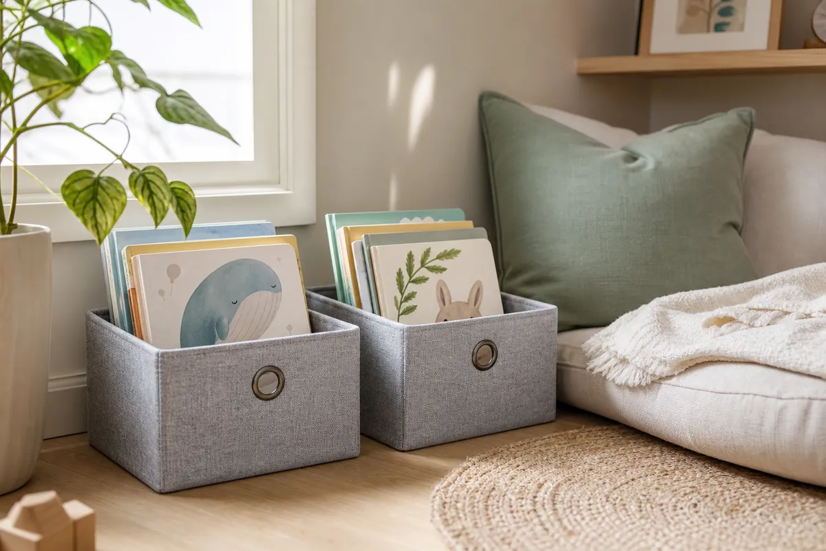Shallow fabric book storage bins holding board books upright beside a floor cushion reading nook in a small kids room