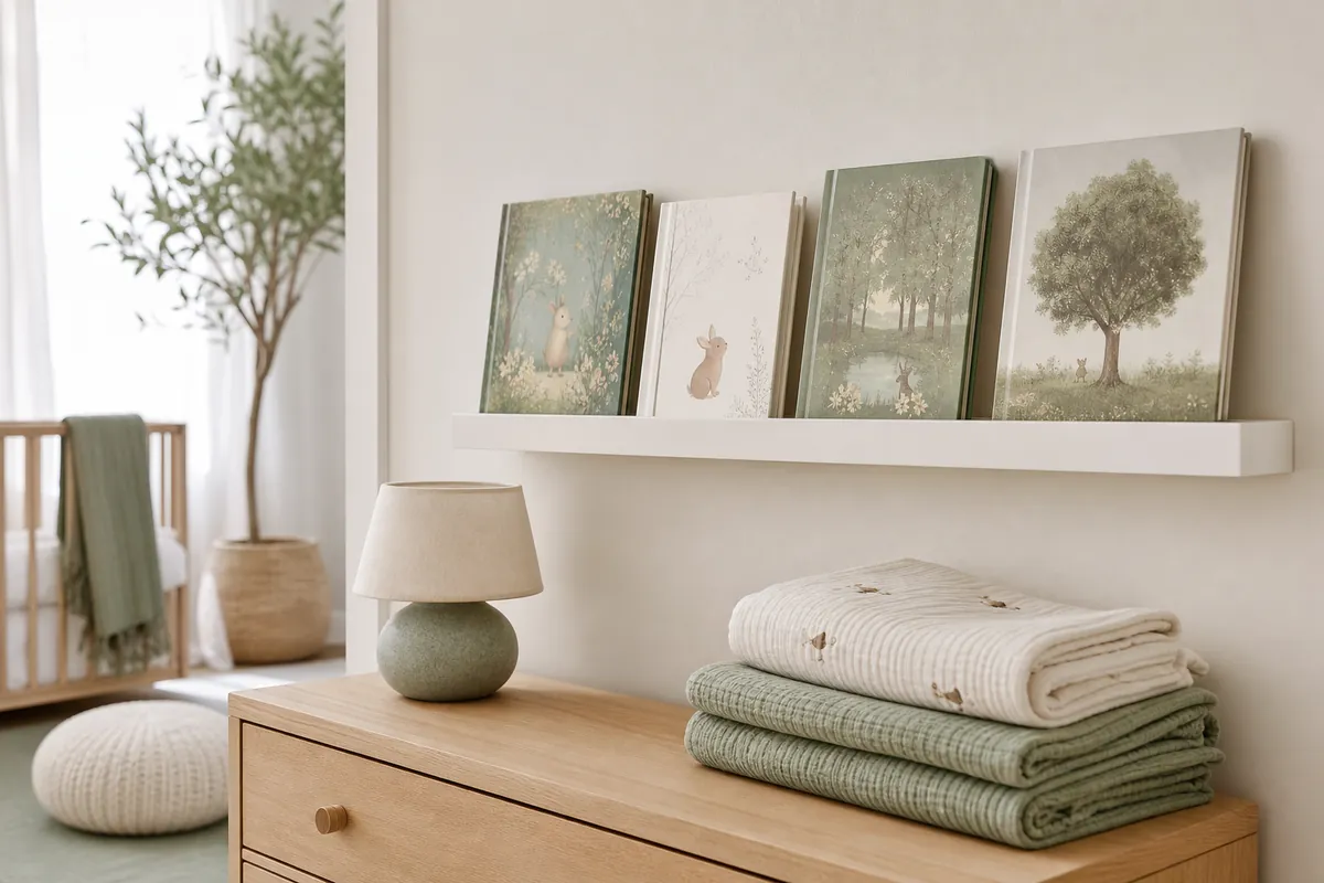 Slim wall-mounted book ledge above a low dresser displaying hardcover books face out in a small kids room with limited floor space