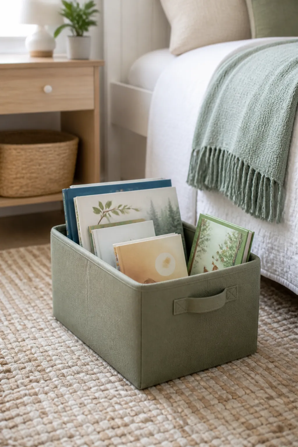 A shallow fabric bin on a bedroom floor holding picture books spine-down with covers facing up