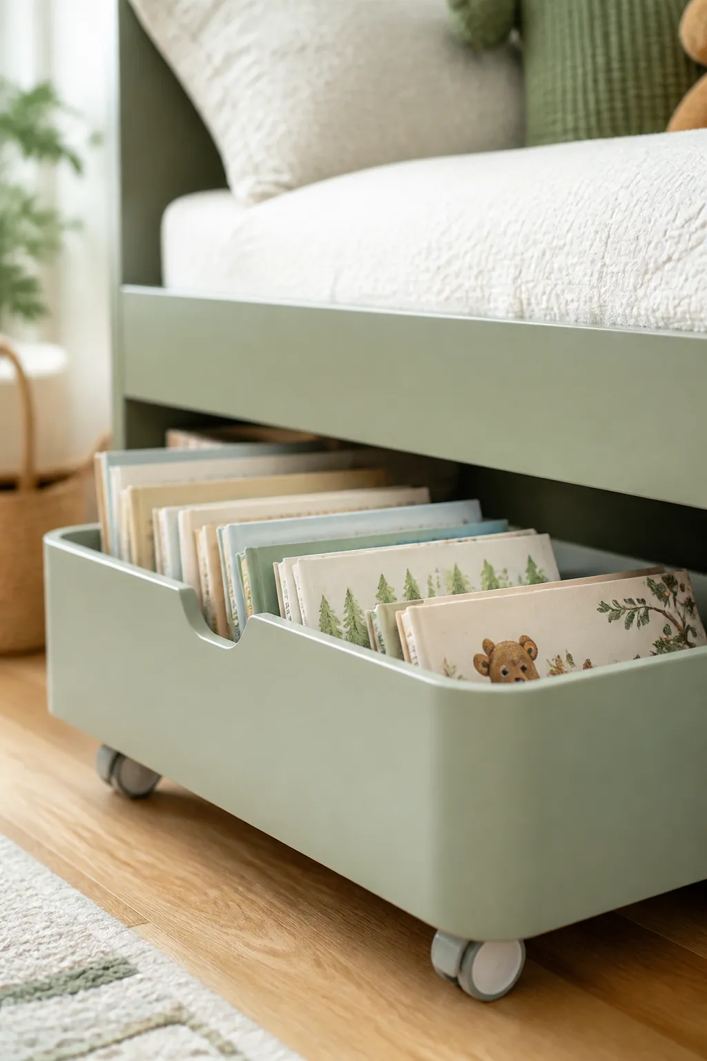 A low rolling bin pulled out from under a child's bed packed with off-duty picture books