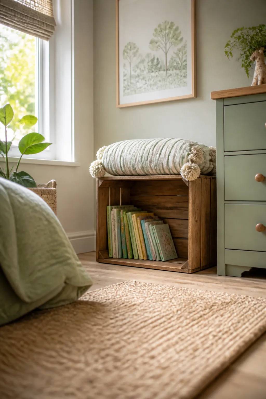 A wooden crate on its side in a child's room corner holding books with a cushion on top