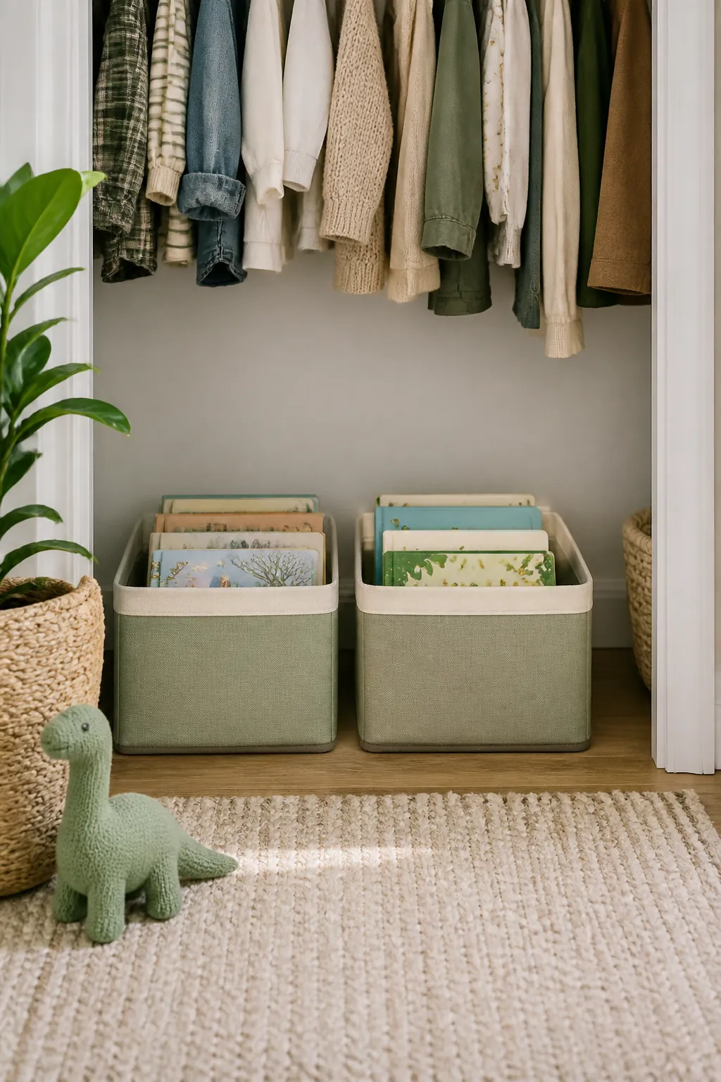 Two fabric book bins lined up on a cleared closet floor beneath hanging children's clothes