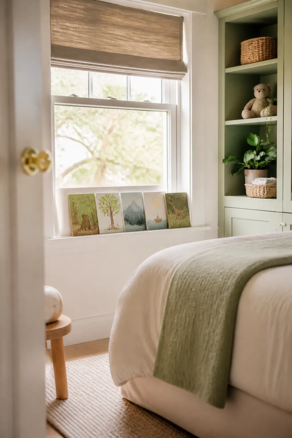 A deep windowsill holding a short row of picture books cover-out below the lower sash