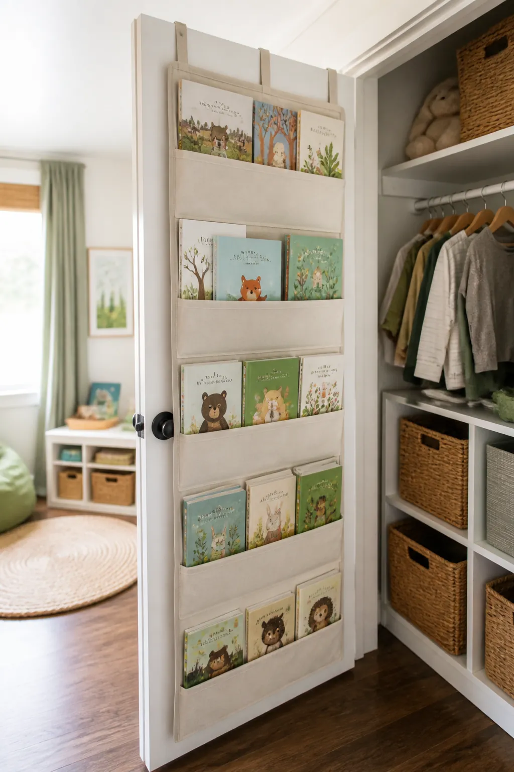 A hanging fabric pocket organizer on a closet door filled with thin paperbacks facing out