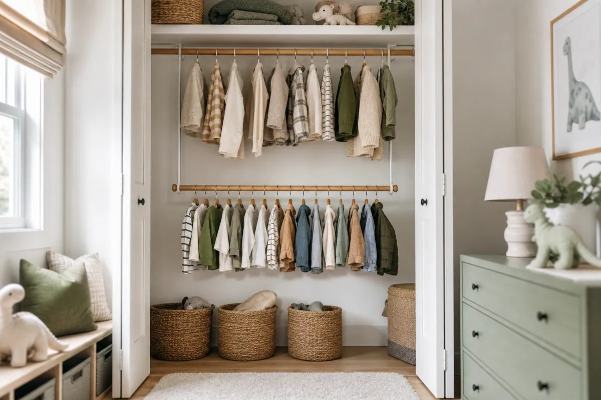 A second closet rod lowering the hanging rail to a child's height so kids can reach their own clothes in a small room