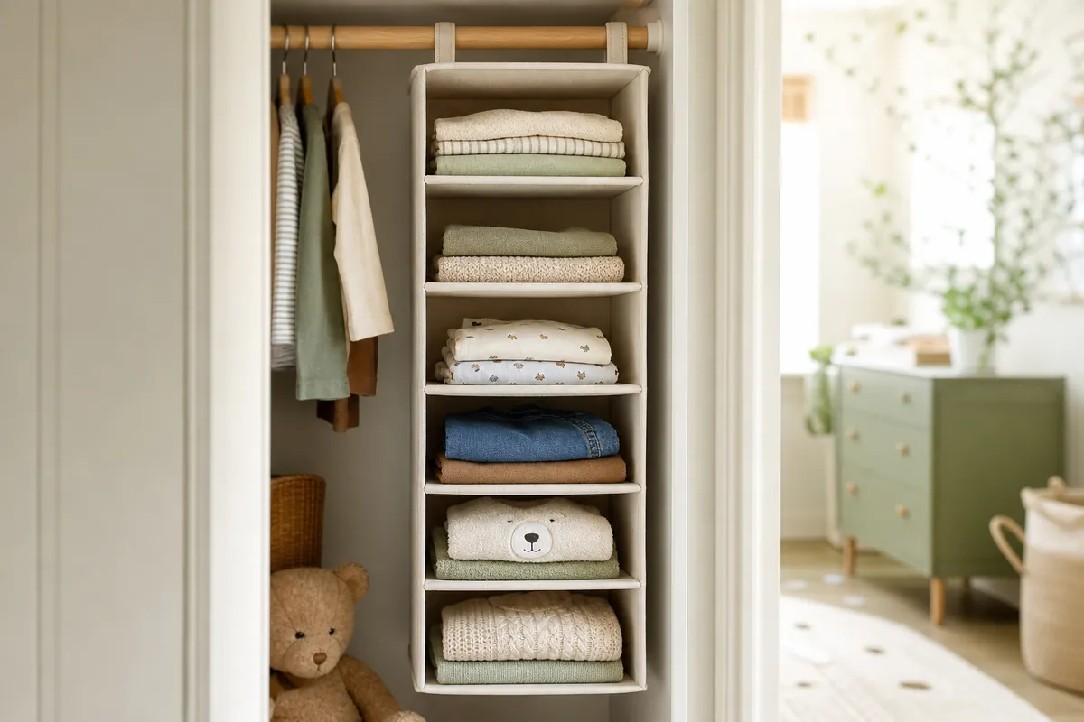 Hanging shelf tower turning vertical closet air into reachable compartments for folded kids clothes