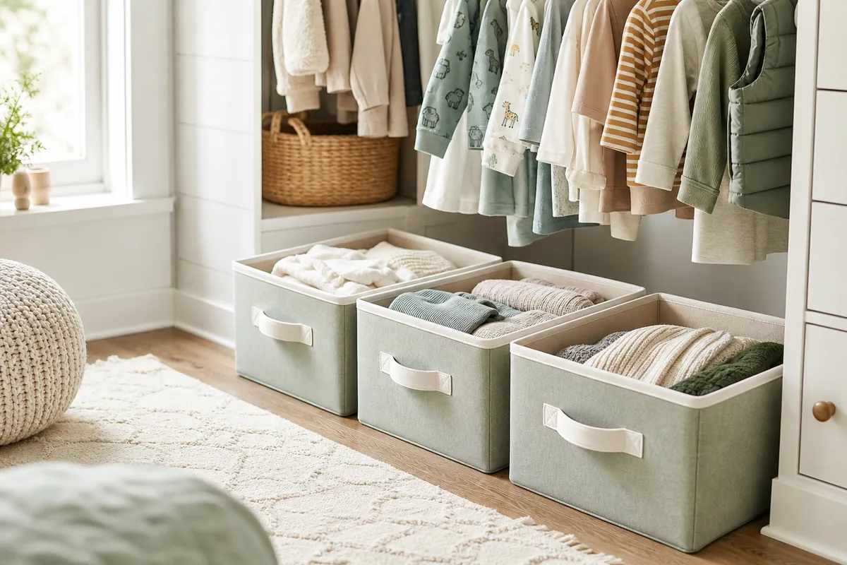 Open fabric storage cubes on a kids closet floor, chosen without lids so a child can put things away one-handed