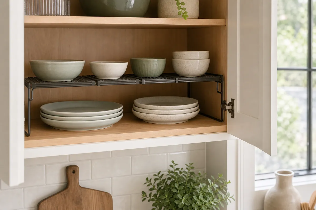 Expandable shelf riser over stacked plates in an open cabinet, a core kitchen cabinet organization move for cramped cupboards