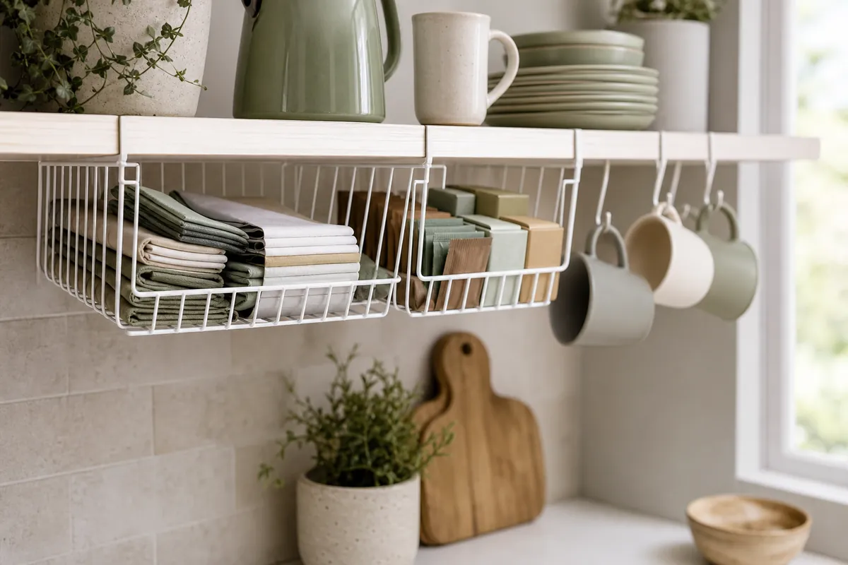 Under-shelf hanging baskets clipped to a cabinet shelf holding napkins and tea packets, with mugs hanging on hooks alongside