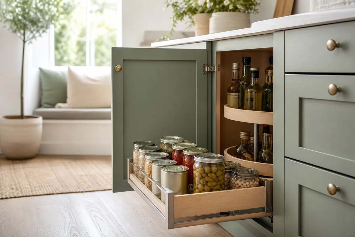 Pull-out cabinet organizer extended from a deep base cabinet with cans in rows, making back-of-cabinet storage reachable