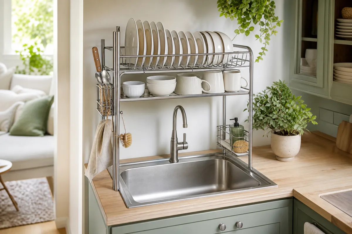 Over-the-sink dish rack holding plates and mugs above a stainless basin, a core kitchen counter organization move for small kitchens