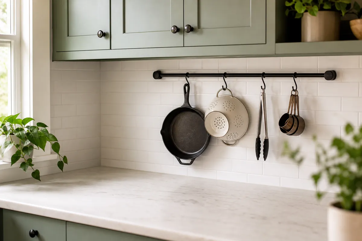 Wall-mounted pot rail with hooks holding a skillet, colander, and utensils above a clear counter in a small kitchen