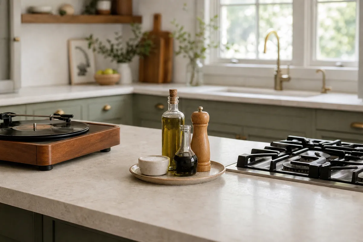 Wooden turntable organizer holding oil, vinegar, and grinders on an otherwise empty counter for tidy kitchen counter organization