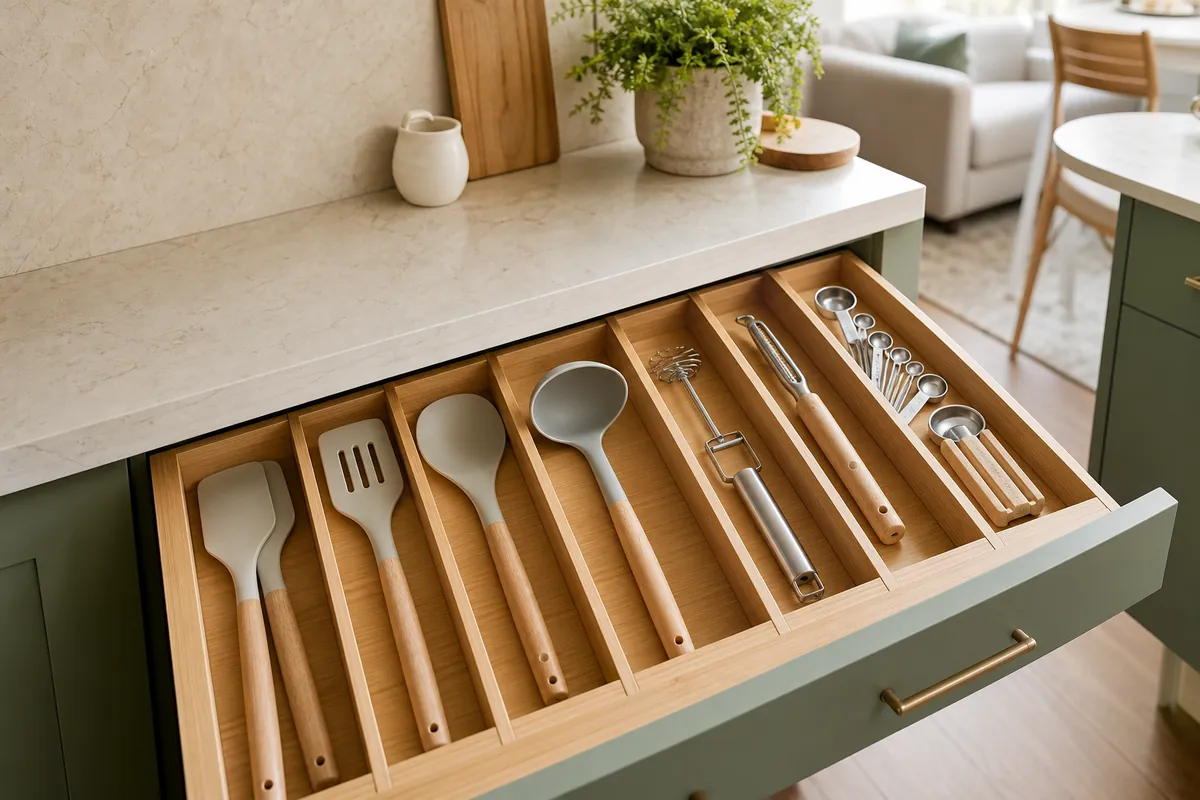 Expandable bamboo drawer organizer filling a kitchen drawer edge to edge, stopping utensils drifting into the gap along the side