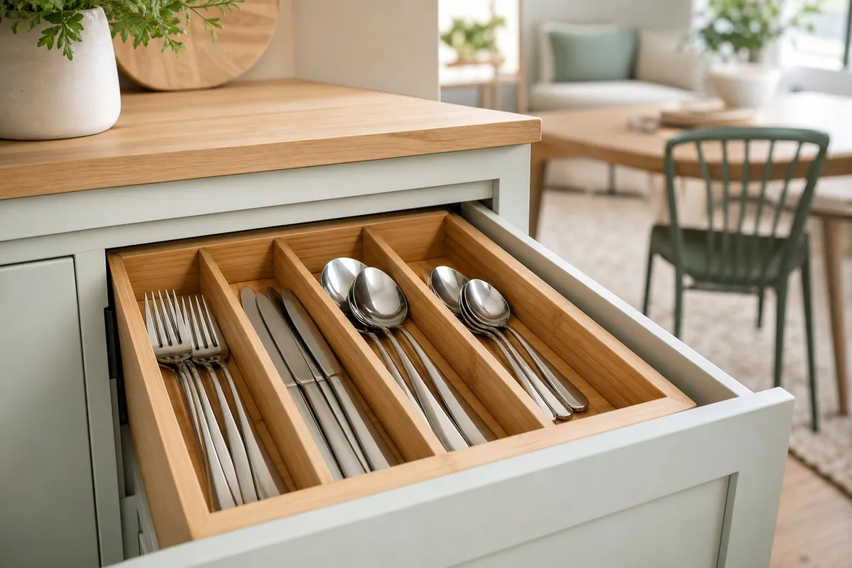 Bamboo cutlery tray separating forks, knives and spoons into deep lanes in a small kitchen drawer near the dishwasher