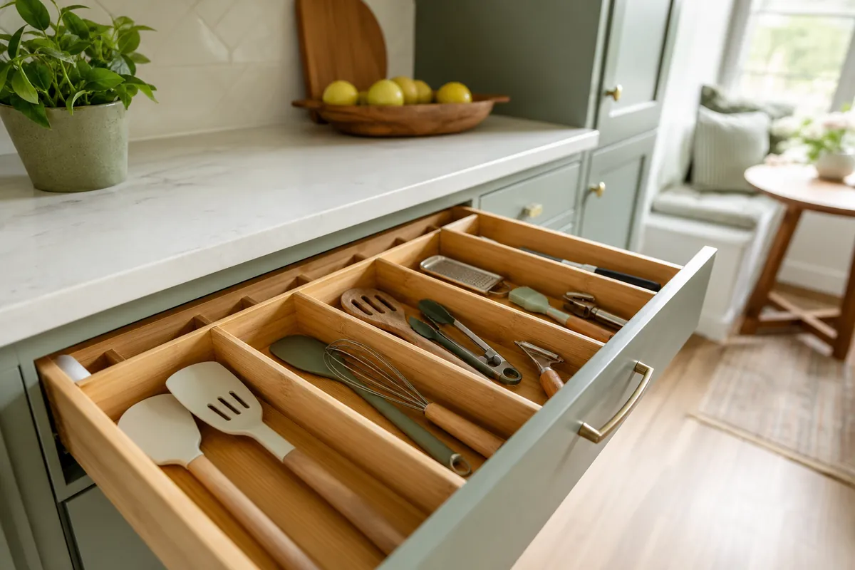 Full-depth bamboo drawer dividers creating lanes of different widths for kitchen tools, so nothing slips behind the tray