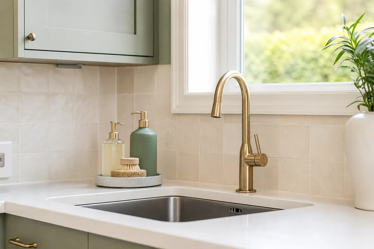 Dish soap, hand soap and a sponge grouped on a small turntable behind the tap, counter otherwise clear