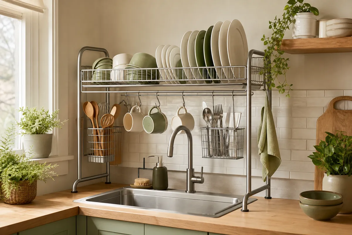An over-the-sink dish rack bridging the basin, dishes draining straight down into the sink