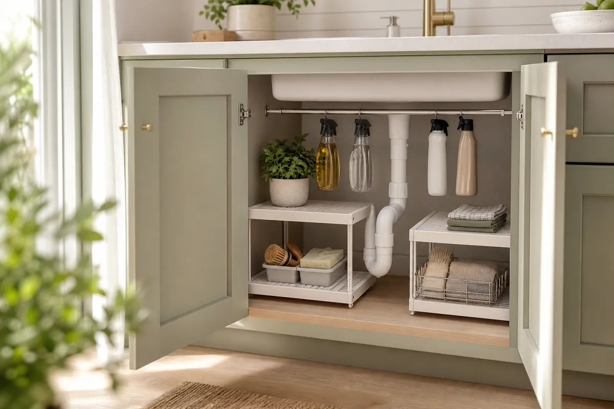 An under-sink cupboard with a two tier shelf spanning the waste pipe and spray bottles hanging from a rod