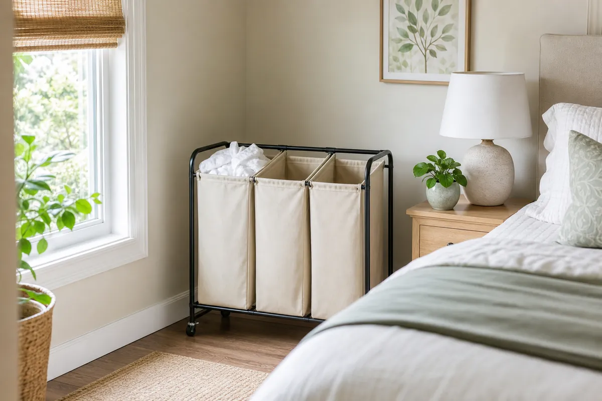 A three-section laundry sorter with labelled bags standing in the corner of a small bedroom