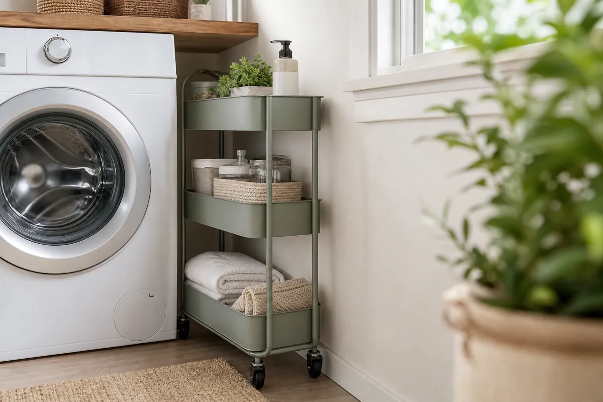 A slim rolling laundry cart tucked into the narrow gap between a washing machine and the wall