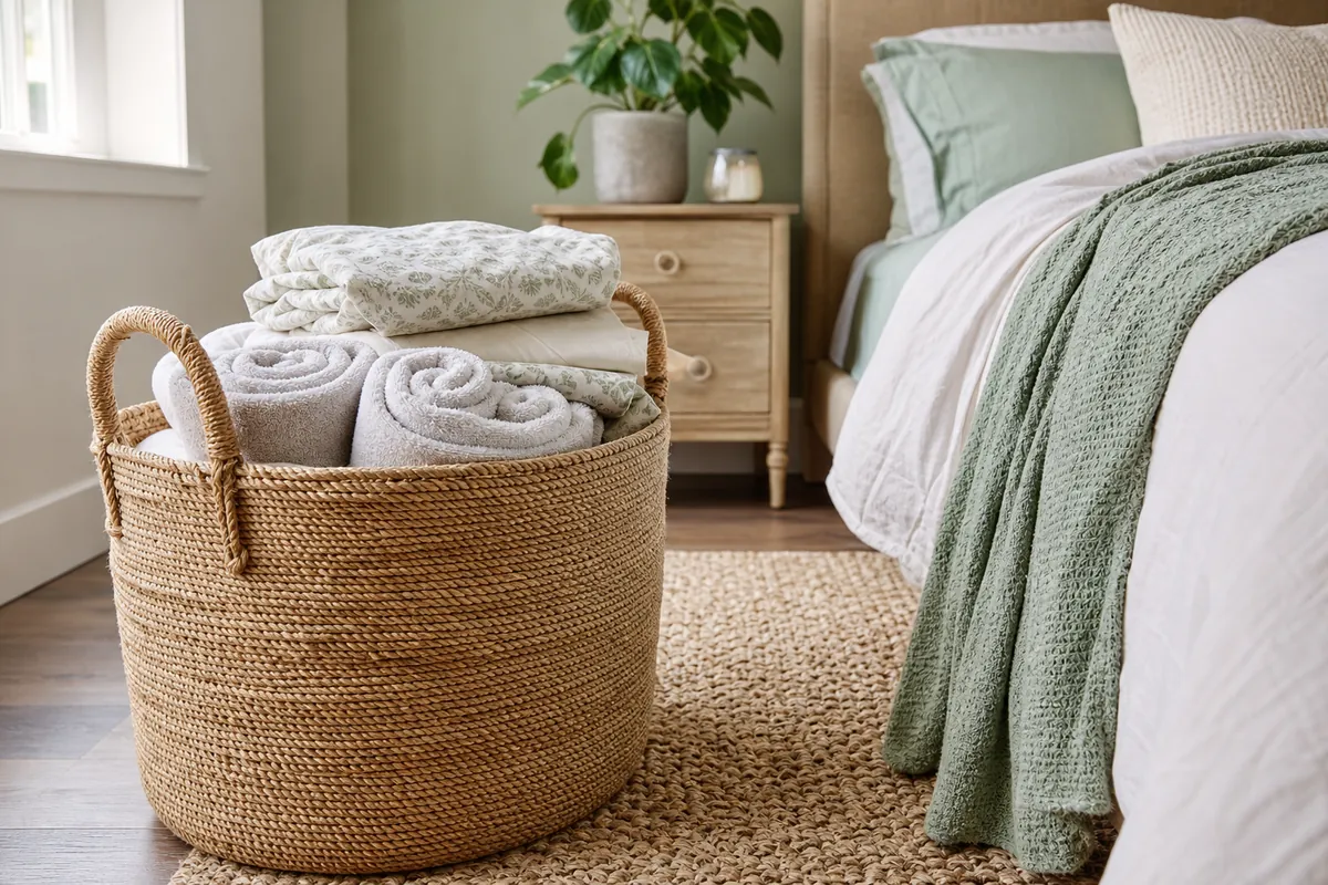 A large woven rope basket with handles beside a bed holding bedding and towels waiting to be washed