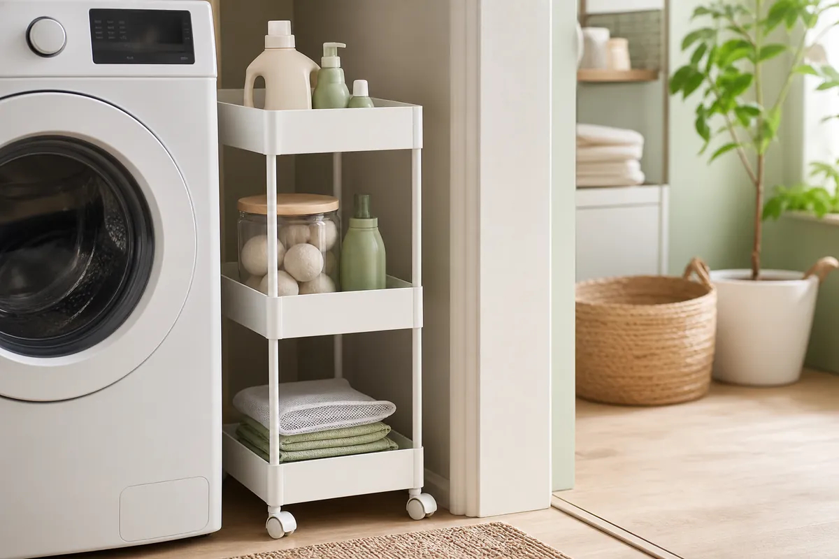 Slim rolling laundry cart tucked beside a washer for small space laundry room organization, holding detergent, wool dryer balls, and mesh bags