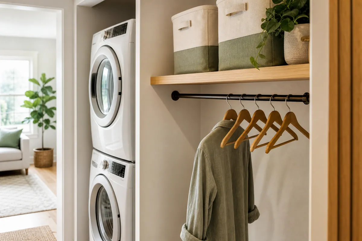 Shallow wall shelf with handled bins and a short hanging rod above a washer and dryer, a key laundry room organization move for narrow nooks