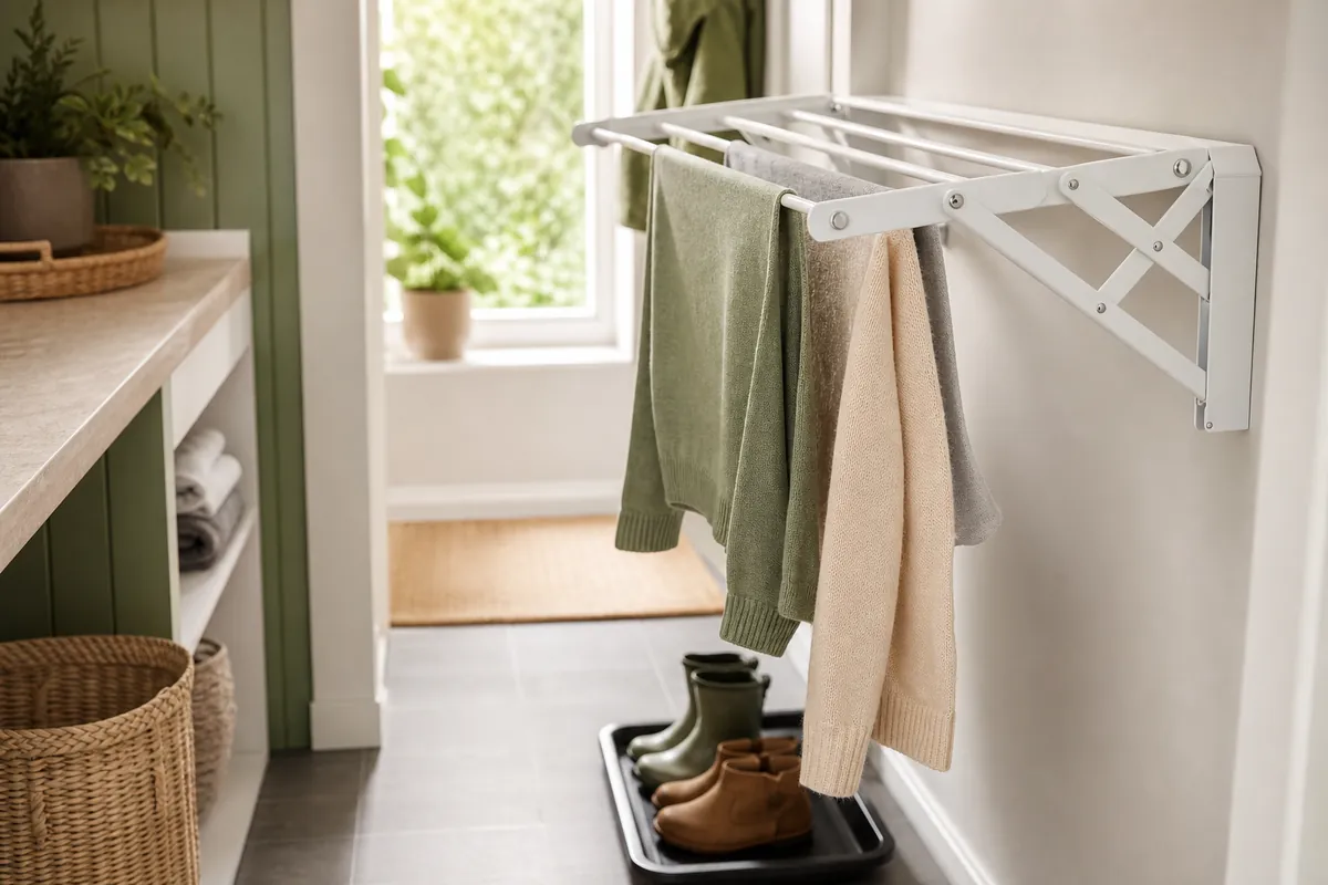 Wall-mounted folding drying rack open in a narrow laundry room, sweaters spaced apart on the bars above a boot tray on tile