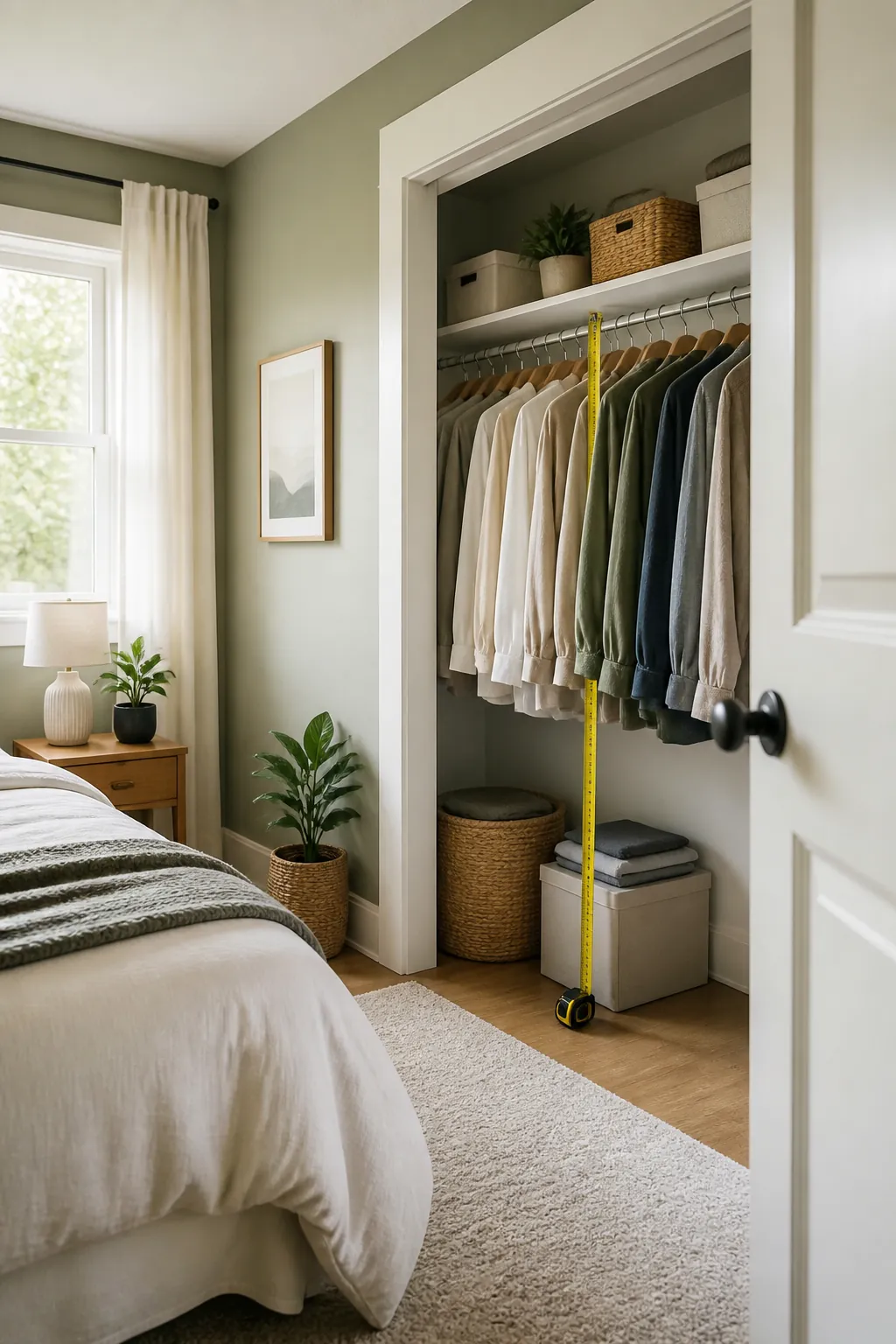 A tape measure running from closet floor to the underside of a clothes rail between hanging shirts