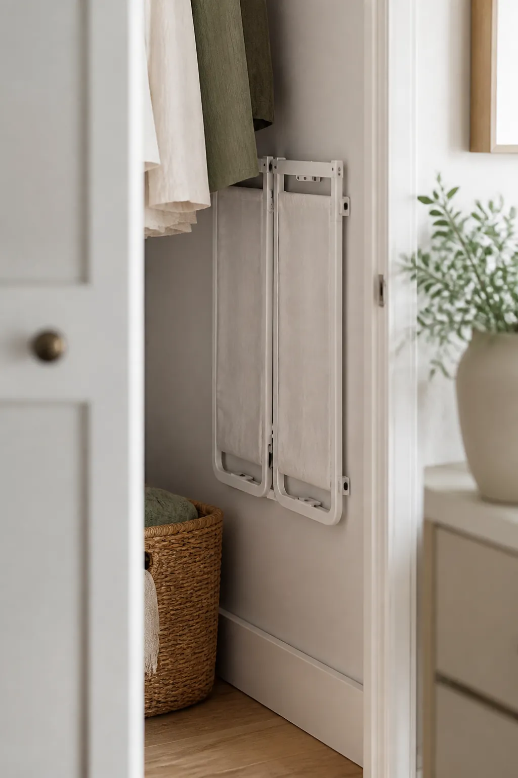 An emptied hanging laundry sorter hanging flat and slack against a closet wall