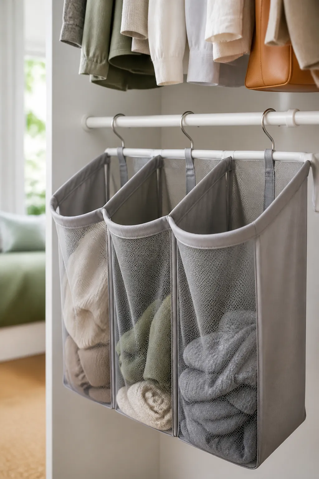 A three-section hanging laundry sorter suspended from a closet rail beneath hanging shirts